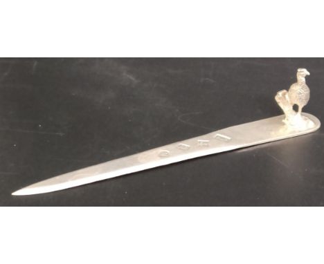 A silver letter opener with a pheasant handle, Birmingham 1998, 14 cm
