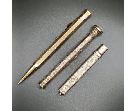 A 19th century silver coloured metal pencil, with hardstone finial, a gold plated pencil and a silver cased pencil (3)