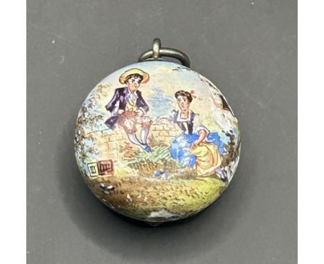 A Viennese enamel vinaigrette, decorated figures, 2.5 cm diameterEnamel chipped, top missing.