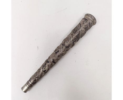 An Indian silver coloured metal parasol or walking stick top, decorated animals, 89 g, 21 cm
