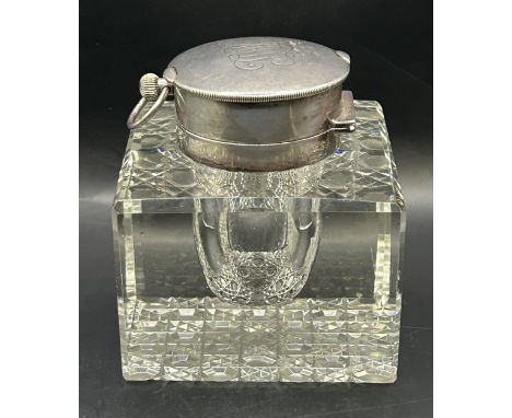 A silver and glass desk inkwell, the cover inset with a watch, initialled, London 1903, 8 cm high