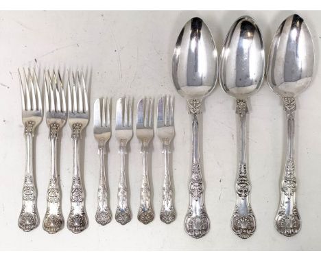 Two Victorian Queens pattern silver tablespoons, London 1844, another, three dessert forks, and four cake forks, 16.2 ozt (9)