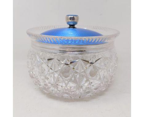 A silver and blue enamel dressing table glass jar,&nbsp; London 1925, 12.5 cm high
