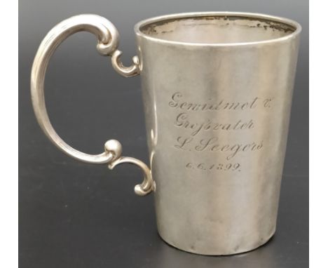 A Continental silver coloured metal vodka cup, monogrammed and inscribed, 1.5 ozt, 6.5 cm high