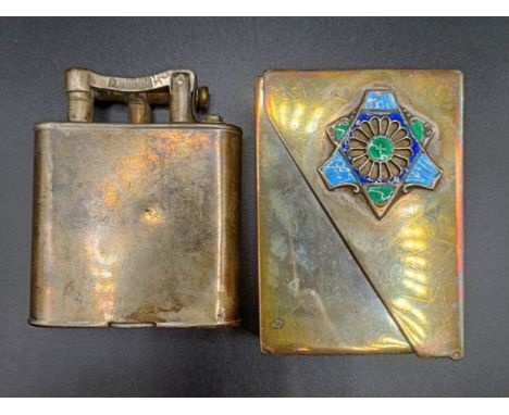 A George V silver cased lighter, London 1925, a George V silver and enamel matchbox holder (2)