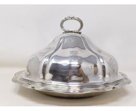 A Victorian silver dish and cover, monogrammed, Garrards, London 1859, 62.7 ozt, 18 cm high30 cm diameter