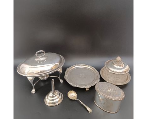A Victorian glass and silver plated butter dish cover and stand, and other plated items (box)