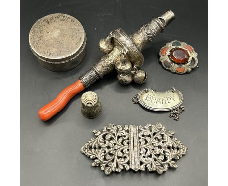 A Victorian silver and coral childs teether, London 1875, a silver pill box, and other items6 bells, none appear to be missin