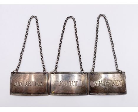 Three silver decanter labels, Whiskey, Port &amp; Madeira, Edinburgh 1823, 1.3 ozt (3)