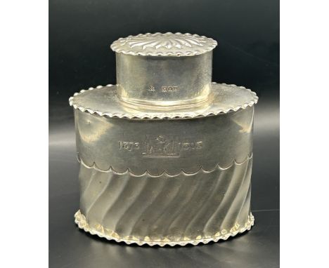 A Victorian oval silver tea caddy, crested and dated, London 1897, 2.6 ozt, 8 cm high