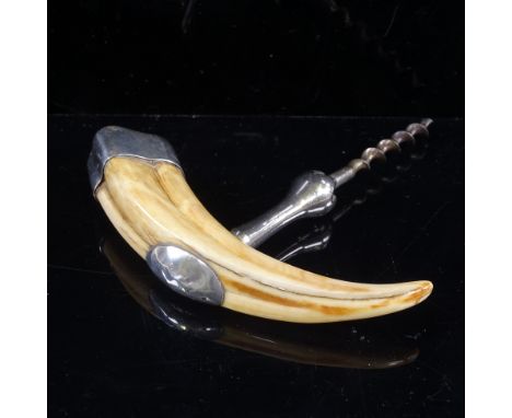 ASPREY'S - wild boar tooth and silver-mounted corkscrew, hallmarks Chester 1927, handle length 11cmNatural cracks and stainin