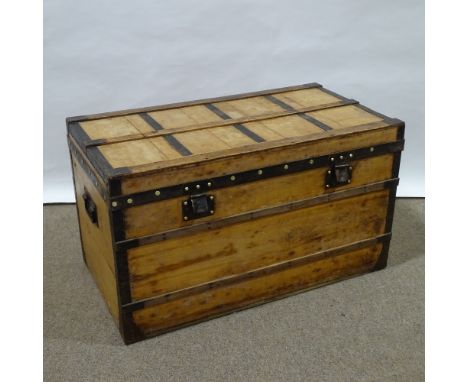 LOUIS VUITTON - Vintage wood and metal-bound travelling trunk, metal carrying handles, original paper label inside lid, seria