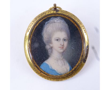 A Georgian miniature watercolour on ivory, head and shoulders portrait of a lady wearing a blue dress and powdered hair, unsi