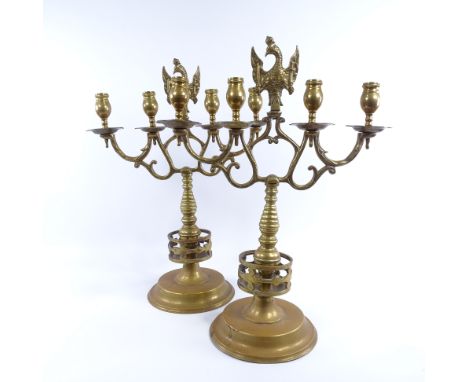 A large pair of Austro-Hungarian cast brass 4-branch candelabra, probably mid-late 19th century, with eagle finials, height 5