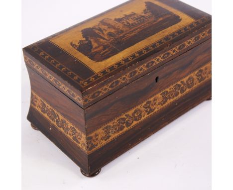 A Victorian Tunbridgeware dome top tea caddy, micro mosaic lid, length 24cm.One foot missing and one broken, smalls chips and