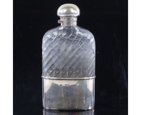 A Goliath silver mounted hip-flask, hallmarked 1889 Drew & Sons, height 21cm a/f.Cracked through body of flask runs two third