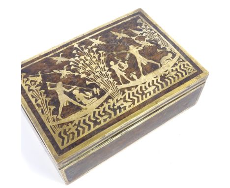 An Egyptian Revival brass inlay exotic wood box of rectangular form, early 20th century, the lid depicting an Ancient Egyptia