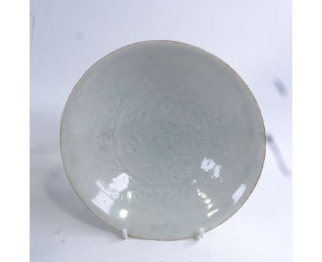 A Chinese celadon glaze porcelain footed bowl, incised decoration, diameter 19cm, in fitted fabric-covered boxVery good condi