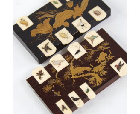 2 Japanese gilded and lacquered wood and Shibayama Bezique markers, the ivory keys having inset stone and mother-of-pearl ins