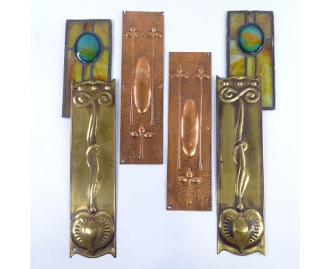 2 pairs of Art Nouveau copper and brass door finger plates, with relief embossed decoration, height 30cm and 28cm, and a pair
