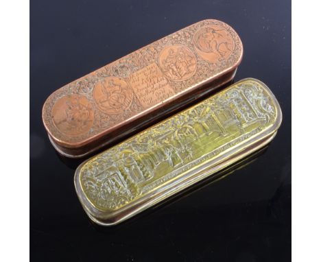 2 ornate 18th century Dutch brass and copper tobacco boxes, 1 depicting Prince Ferdinand at the Battle of Crefeld (1758), the