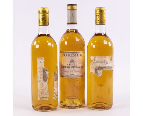 3 bottles of dessert wine, 1 bottle Cordier, 1988 Chateau Lafaurie-Peyraguey, Sauternes, 2 bottles Chateau Bertranon , Loupia