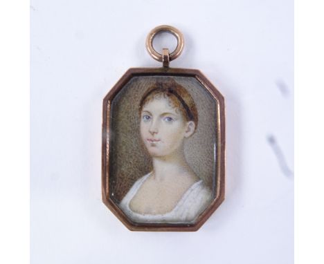 A Georgian miniature watercolour on ivory, portrait of a young lady, unmarked gold pendant frame, frame dimensions 32mm x 25m