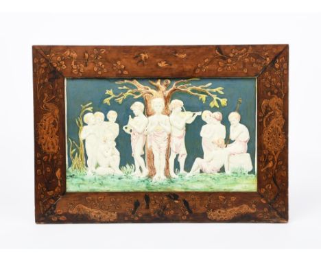 Melody a large Della Robbia Pottery plaque designed by Ellen Mary Rope, rectangular cast in low relief with three young figur