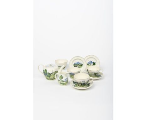 A Wedgwood tea for two by Alfred Powell, number 922, comprising teapot and cover, milk-jug and sugar basin, slop basin, two c