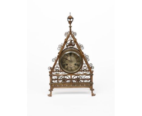 A large Reformed Gothic brass mantel clock designed by Bruce Talbert, probably by Cox &amp; Co or Hart, Son, Peard &amp; Co, 