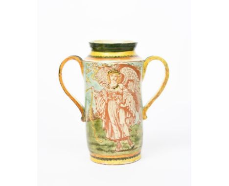 A Della Robbia twin-handled Albarello vase by Aphra Peirce, painted with a classical draped figure, holding a large arrow in 