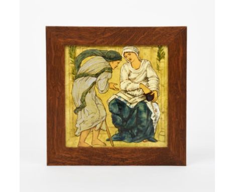 A Maw &amp; Co Good Women tile,  printed and painted with a woman giving money from a purse to a begging woman, in colours on