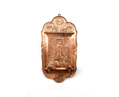 A large copper double wall sconce designed by J W Oddie and executed by J C Martin of the Lyzwick Hall Art School, the well h