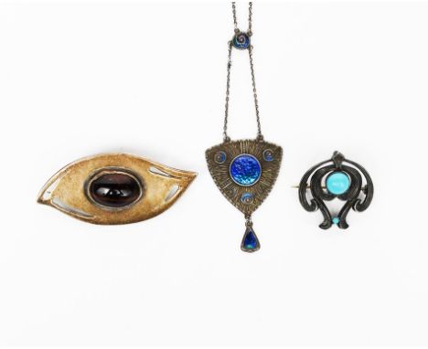 A Charles Horner silver and enamel pendant necklace, shield shaped, textured pendant with central blue enamel panel. flanked 
