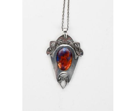 A Murrle Bennett silver and enamel pendant necklace designed by Archibald Knox, shield-shape with pierced celtic entrelac cor