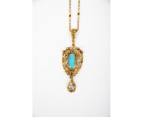 A gold and opal necklace by Joseph Hodler probably made at the Bromsgrove Guild, the openwork shield shaped pendant with flow