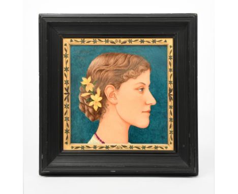 A Howell and James Art Pottery Exhibition large tile plaque, painted with a portrait of a lady, in colours, in an ebonised wo