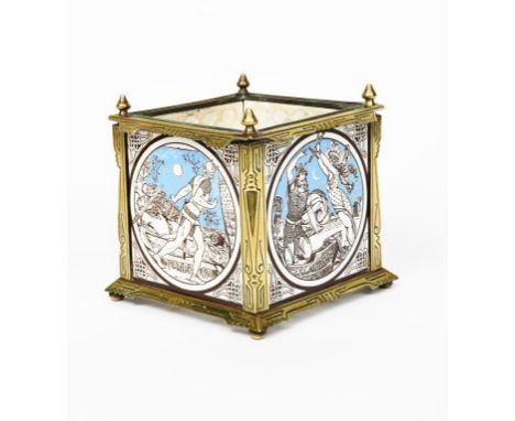 A brass planter mounted with Mintons tiles designed by John Moyr Smith, printed in sepia and blue on a white ground, comprisi