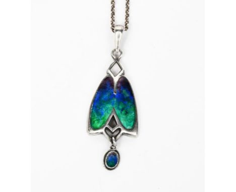 A William H Haseler silver and enamel pendant necklace, modelled as a stylised moth, enamelled blue and green, with simple en