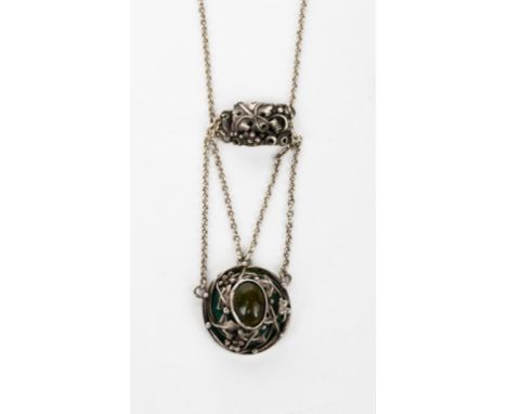 A silver and enamel pendant necklace, ovoid with raised foliate border, over green enamel, set with central green cabochon, o