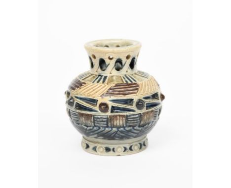 An early Martin Brothers stoneware vase by Robert Wallace Martin, ovoid with short, pierced neck, incised with basketwork des