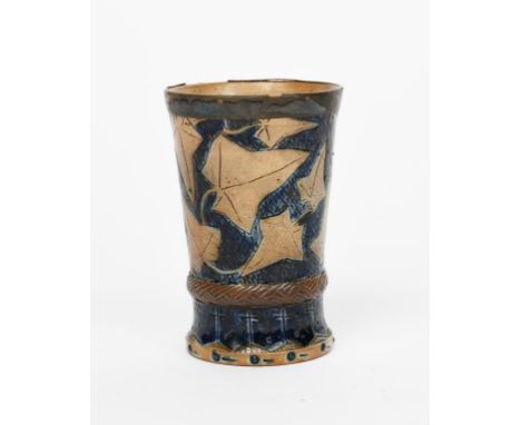 An early Martin Brothers stoneware beaker vase by Robert Wallace Martin, dated 1873, slightly flaring conical form, incised w