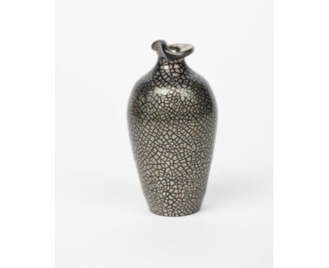 A small Sunflower Pottery Crackled vase designed by Sir Edmund Elton, shouldered form, with flaring, pinched neck, covered in