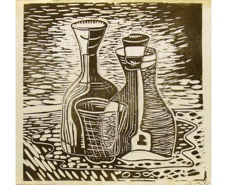 Artist: Jaled Muyaes (Chilean/Mexican, 1921 - 2007). Title: "Botellas con una copa". Medium: Color linocut. Date: Composed 19