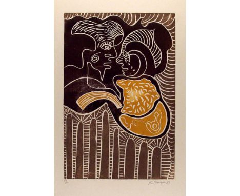 Artist: Karima Muyaes (Mexican, b.1960). Title: "Parabola del Mar (a)". Medium: Color linoleum cut. Date: Composed 1989. Prin