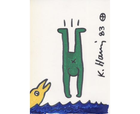 Artist: Keith Haring (American, 1958 - 1990). Title: "Diver and Dolphin". Medium: Four color marker drawing on paper. Date: C