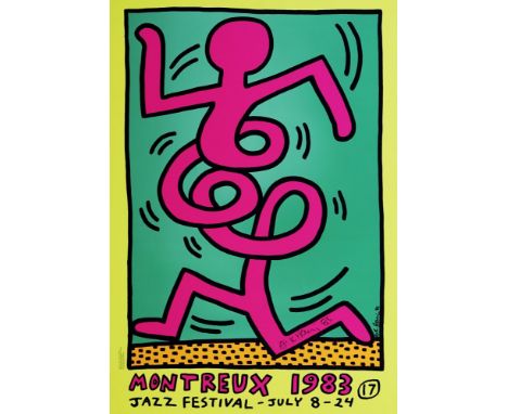 Artist: Keith Haring (American, 1958 - 1990). Title: "Montreux [Jazz Festival] 1983 - Blue/Green Background/Yellow Border". M
