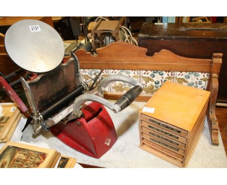 A model letter pres printing machine together with three boxes of printing and letter blocks