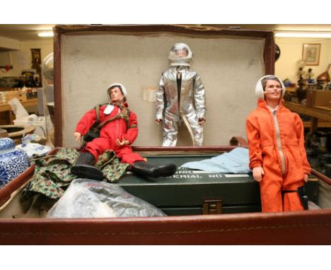 A case containing GI joe and action man accessories and figures in a leather case 
