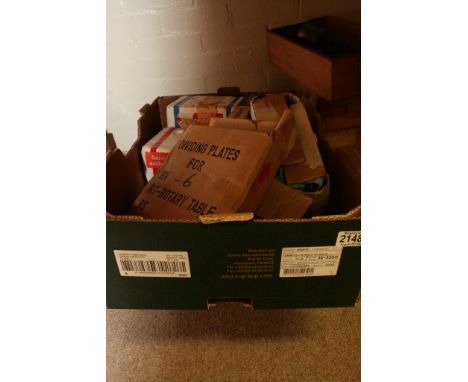 Six boxes containing light soldering equipment, drill bits, a horizontal/vertical rotary milling table and various gas fixtur